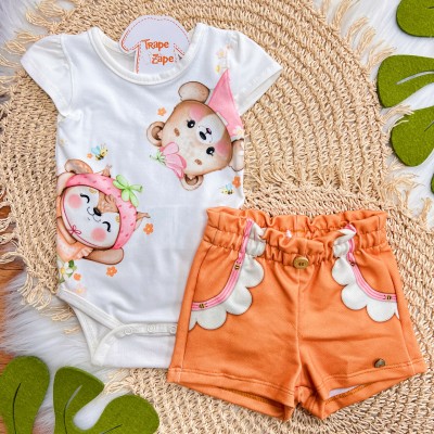 Conj. Body Ursinha e Raposinha com Short Laranja - Off White